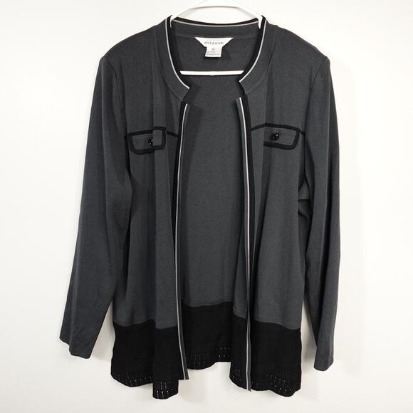 Exclusively Misook Grey Cardigan Open Front Black White Trim Shoulder Pads - Picture 1 of 10